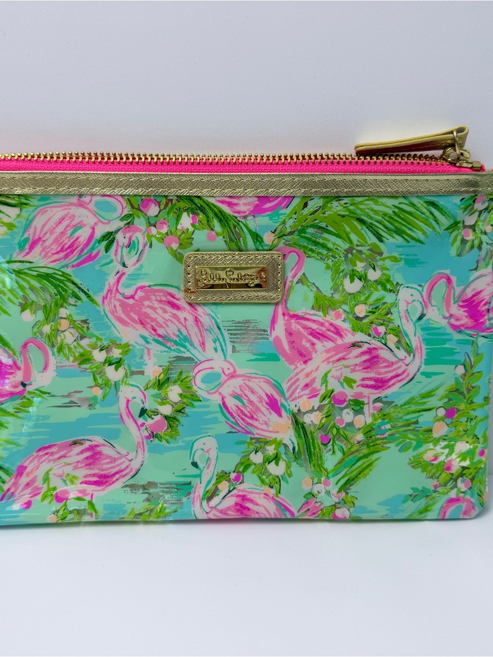 Lilly Pulitzer Flamingo Print Vinyl Cosmetic Bag Makeup Pouch Tropical Zip
